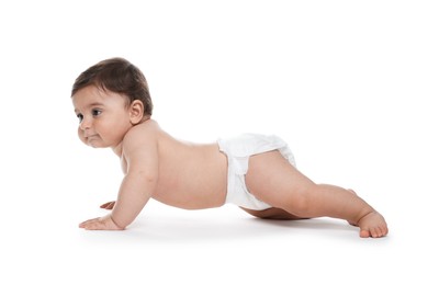 Photo of Cute little baby in diaper on white background