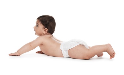 Photo of Cute little baby in diaper on white background