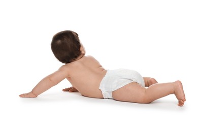 Photo of Cute little baby in diaper on white background