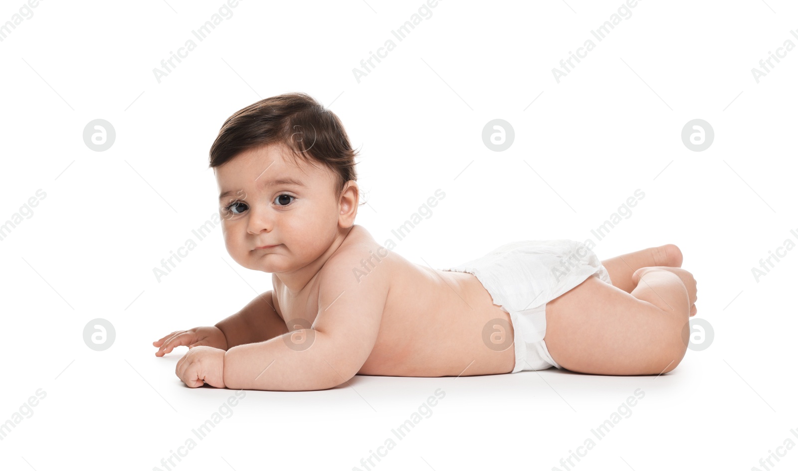 Photo of Cute little baby in diaper on white background