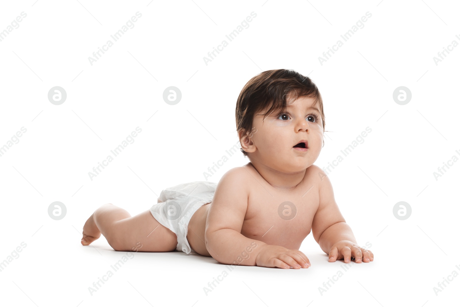 Photo of Cute little baby in diaper on white background
