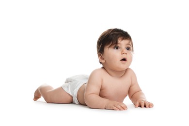 Photo of Cute little baby in diaper on white background