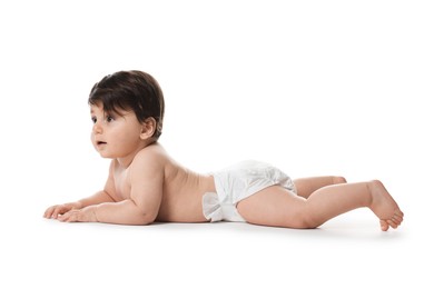 Photo of Cute little baby in diaper on white background