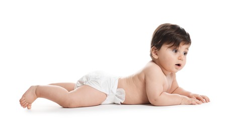Photo of Cute little baby in diaper on white background