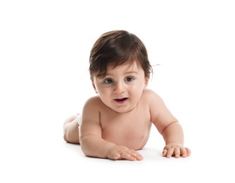 Photo of Cute little baby in diaper on white background