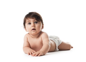 Photo of Cute little baby in diaper on white background