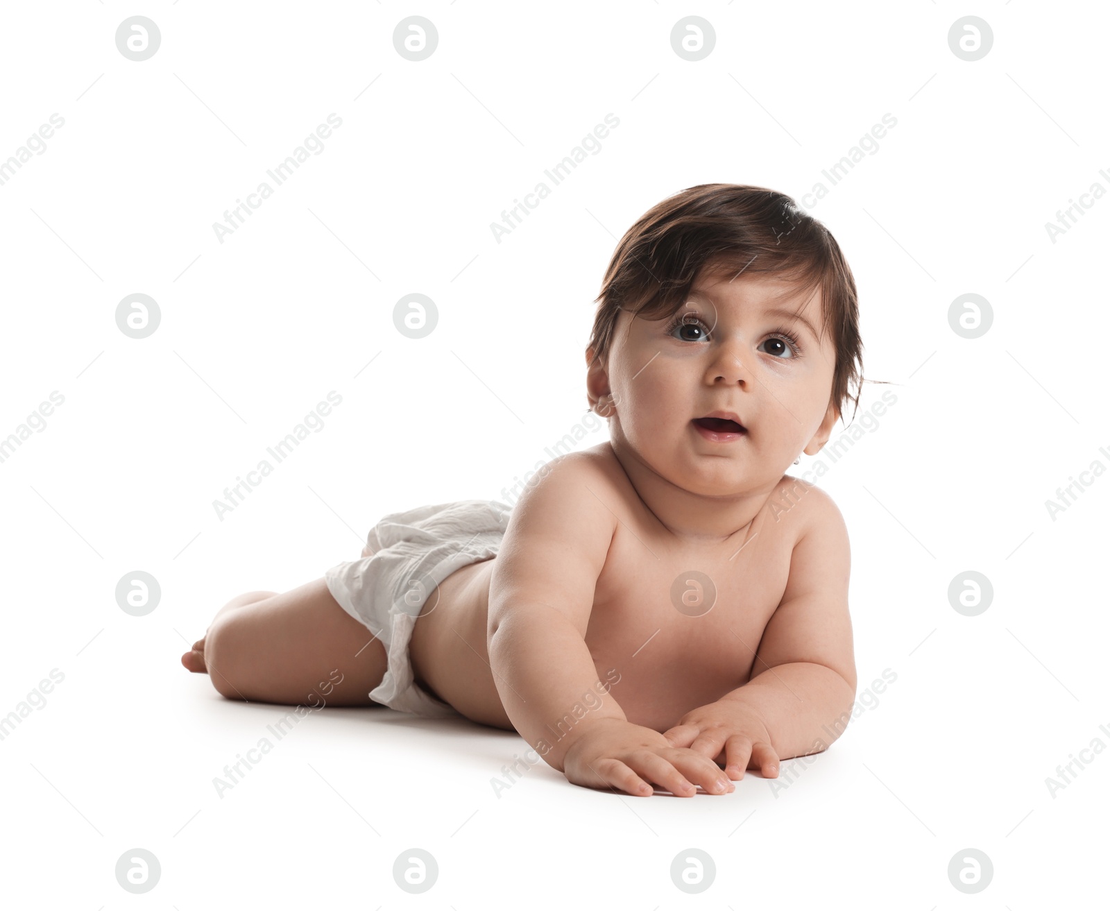 Photo of Cute little baby in diaper on white background
