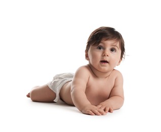 Photo of Cute little baby in diaper on white background