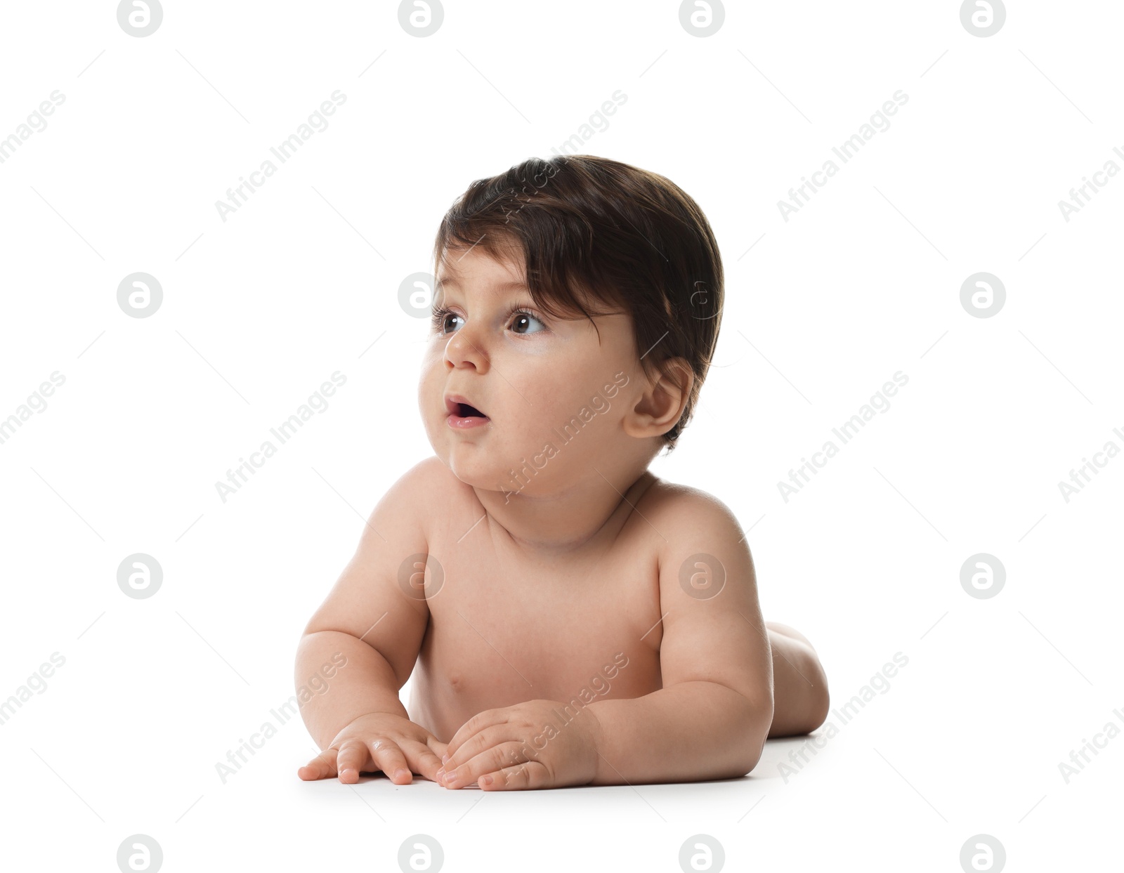Photo of Portrait of cute little baby on white background