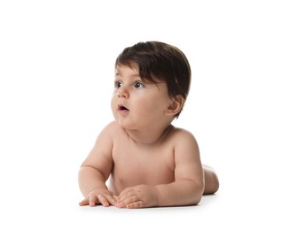 Photo of Portrait of cute little baby on white background