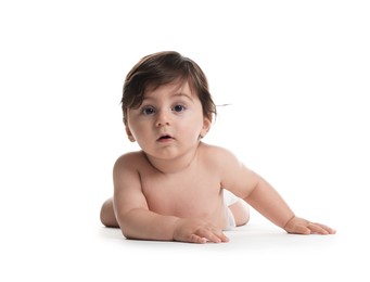 Photo of Cute little baby in diaper on white background