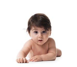Photo of Portrait of cute little baby on white background