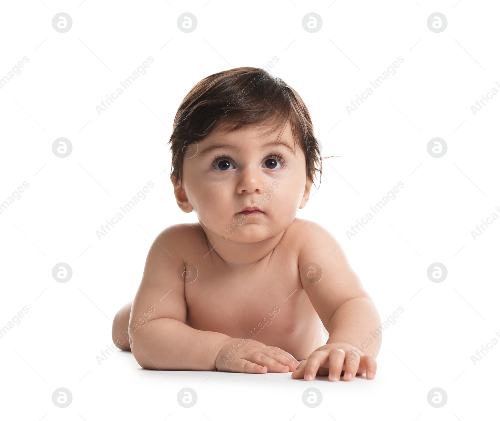 Portrait of cute little baby on white background Photo of Portrait of cute little baby on white background