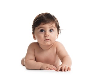Photo of Portrait of cute little baby on white background