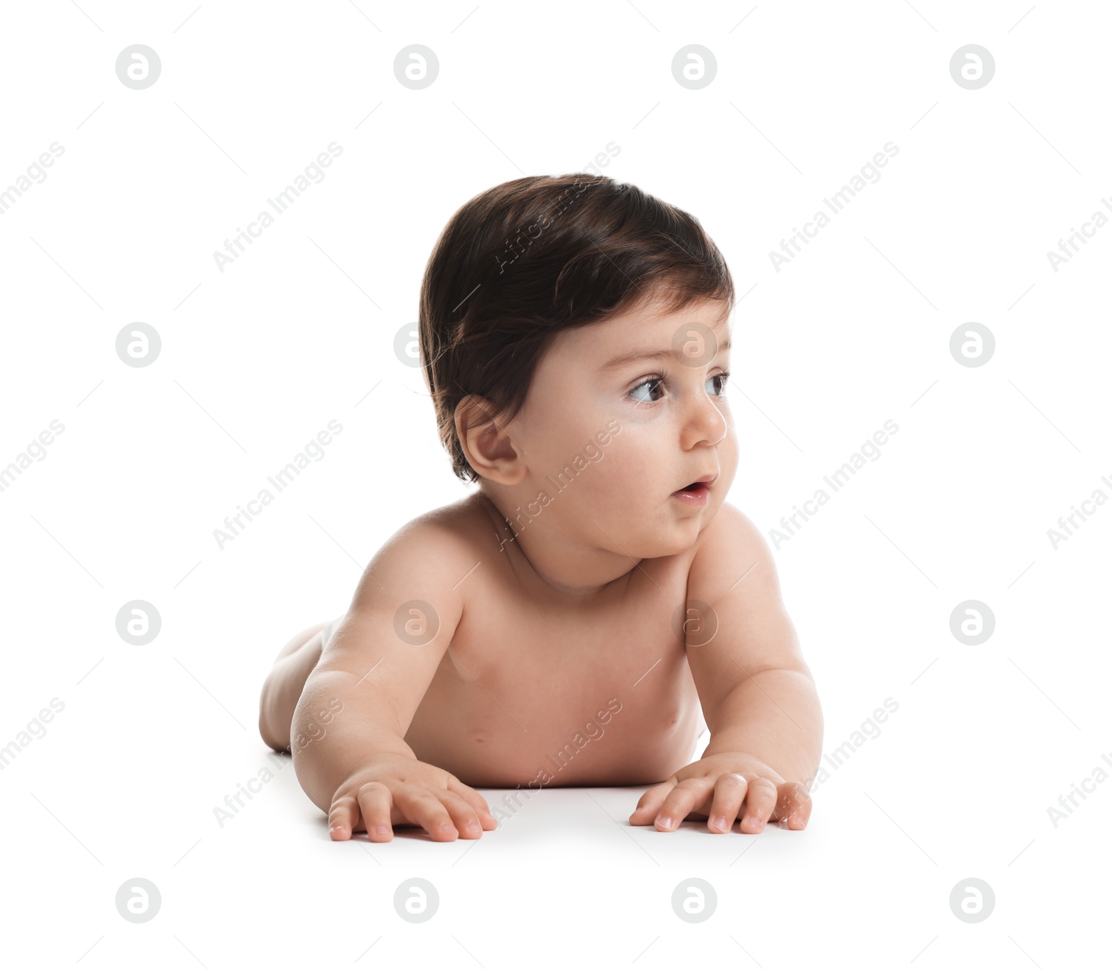 Photo of Portrait of cute little baby on white background