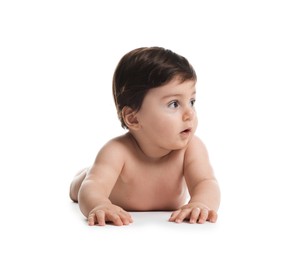 Photo of Portrait of cute little baby on white background