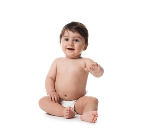 Photo of Cute little baby in diaper on white background