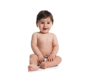 Photo of Cute little baby in diaper on white background