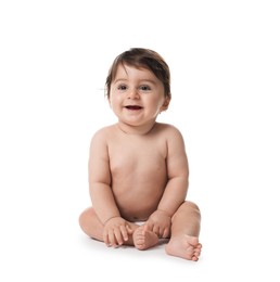 Photo of Cute little baby in diaper on white background