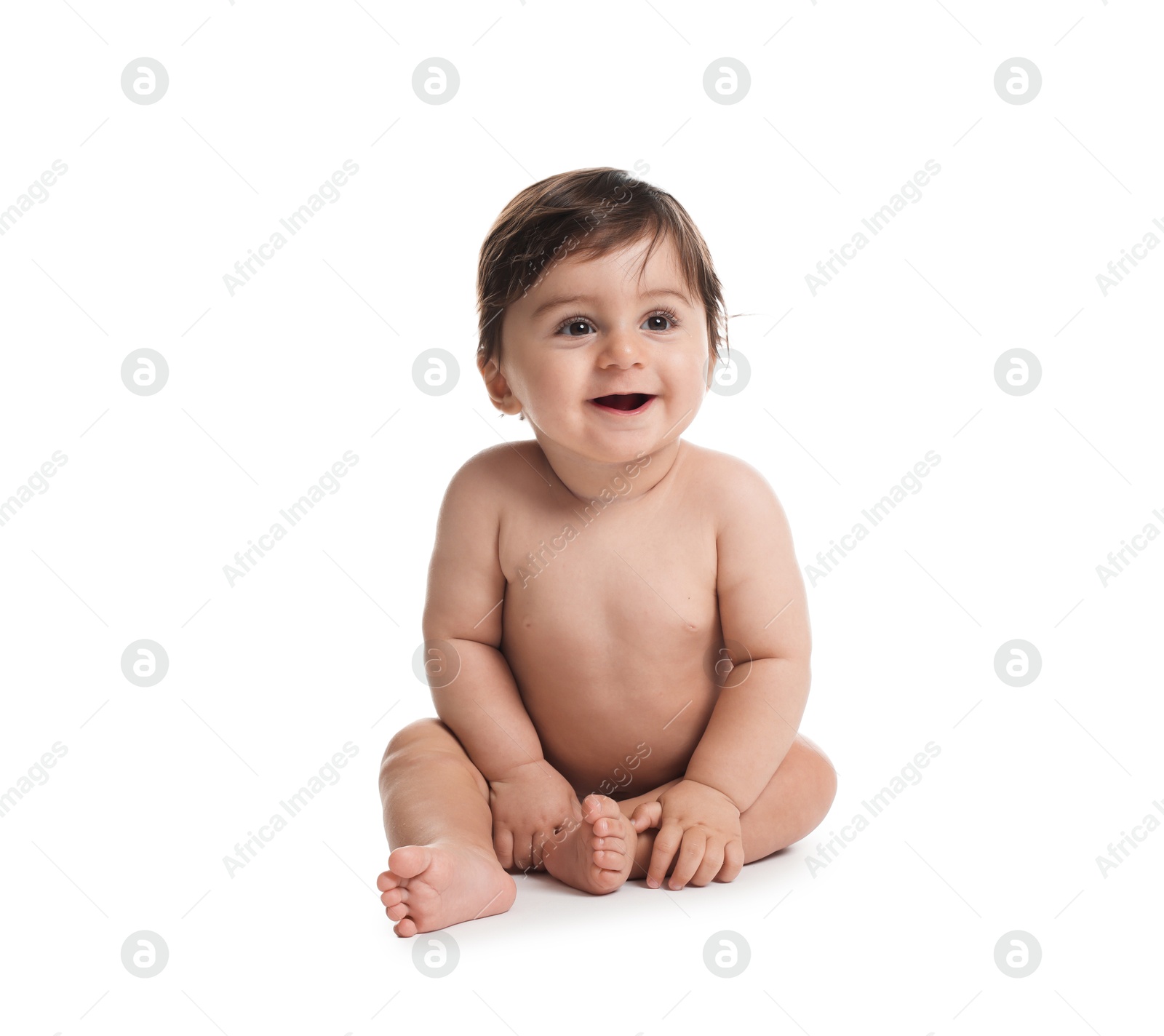 Cute little baby sitting on white background Photo of Cute little baby sitting on white background