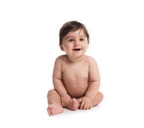 Photo of Cute little baby sitting on white background