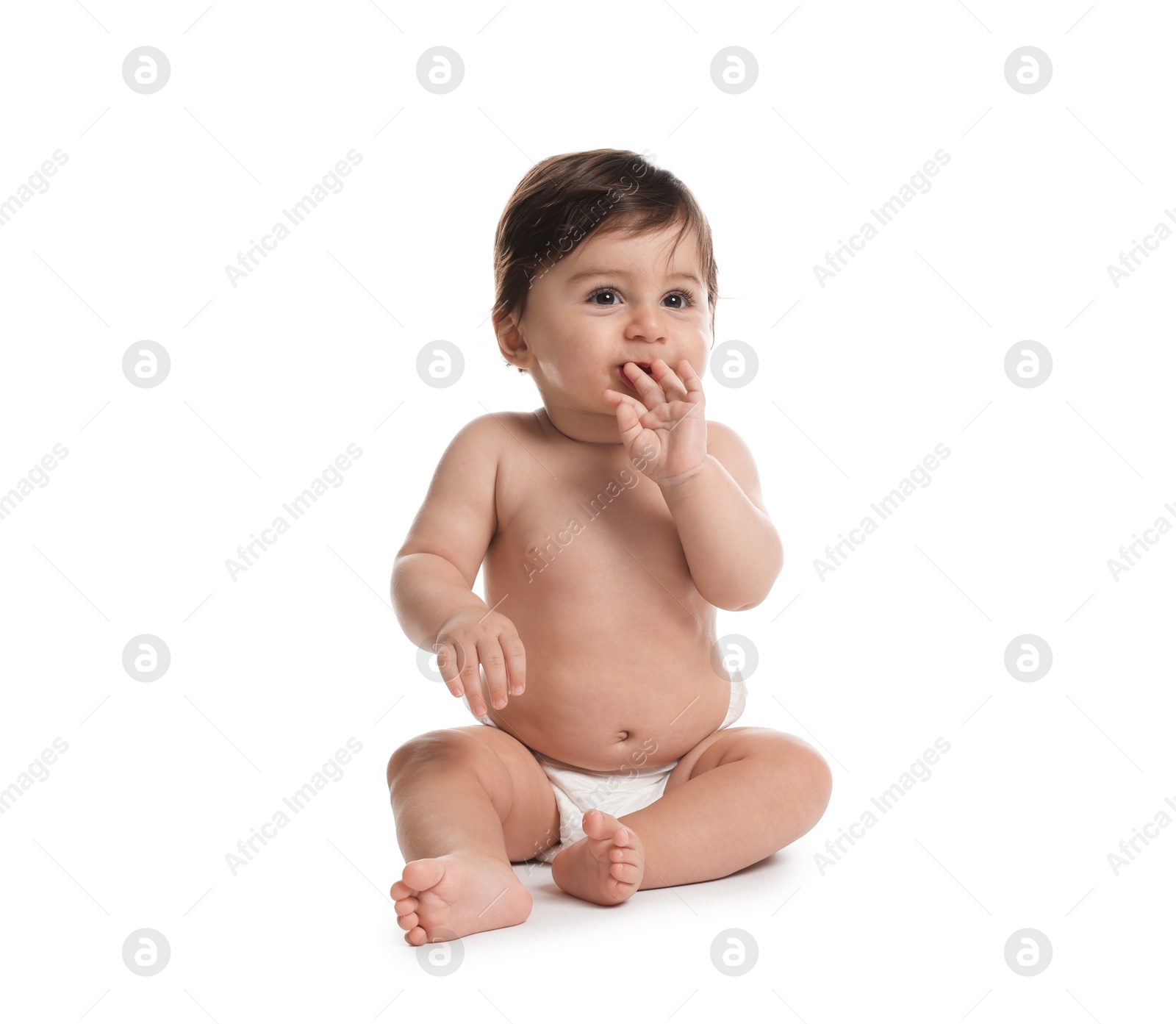 Photo of Cute little baby in diaper on white background