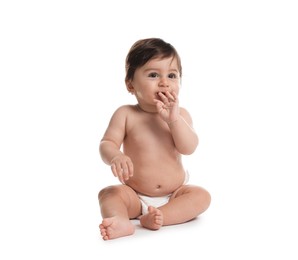 Photo of Cute little baby in diaper on white background