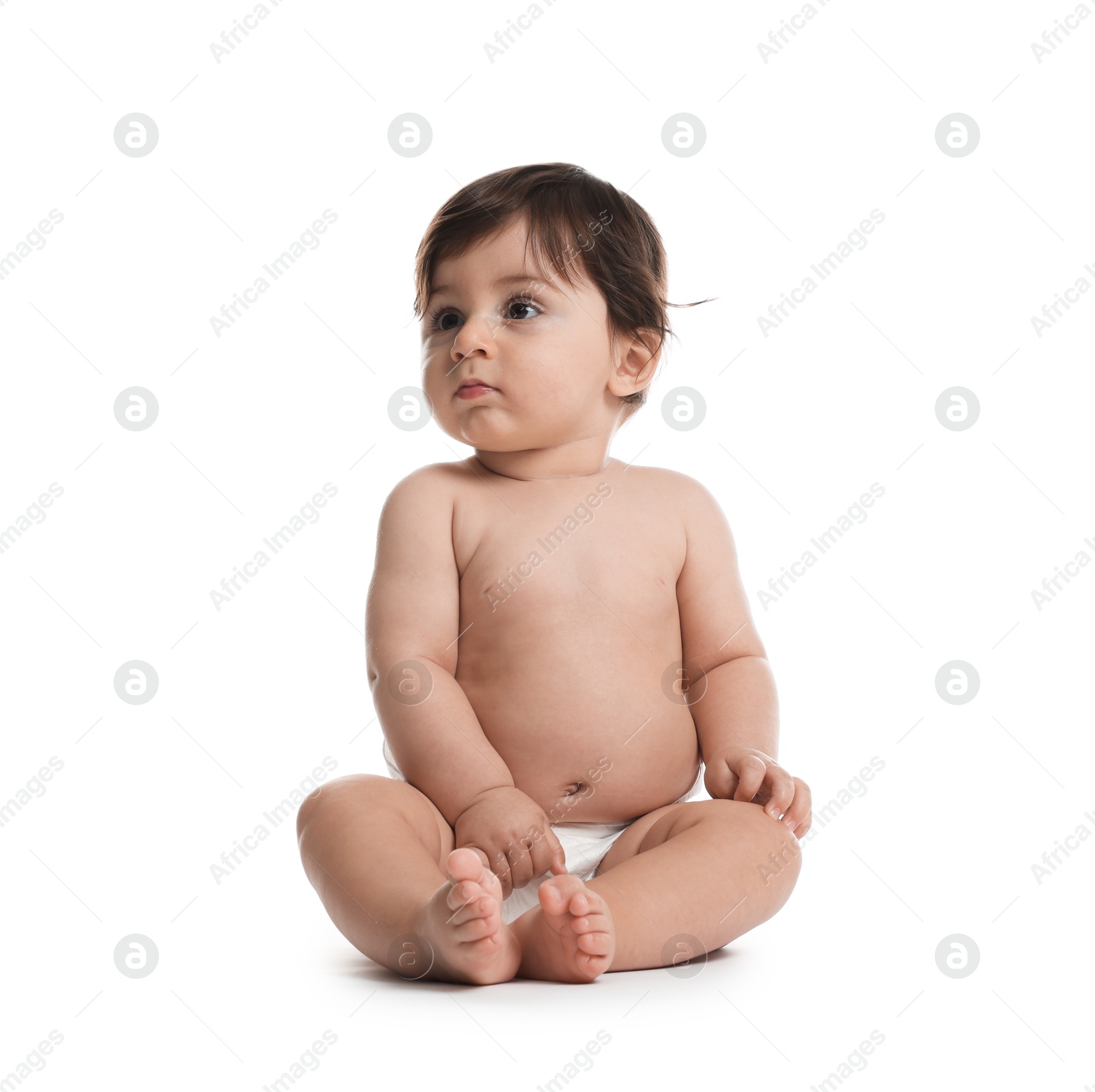 Cute little baby in diaper on white background Photo of Cute little baby in diaper on white background