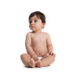 Photo of Cute little baby in diaper on white background