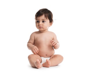 Photo of Cute little baby in diaper on white background