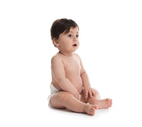 Photo of Cute little baby in diaper on white background