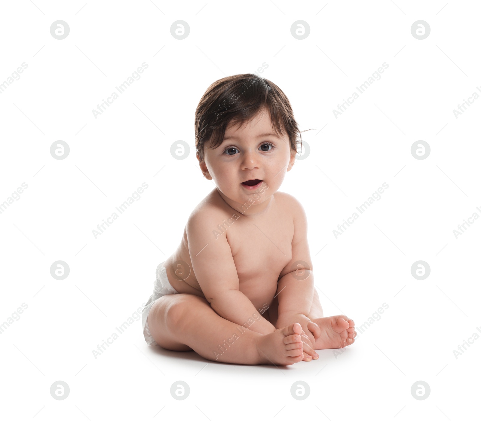 Photo of Cute little baby in diaper on white background