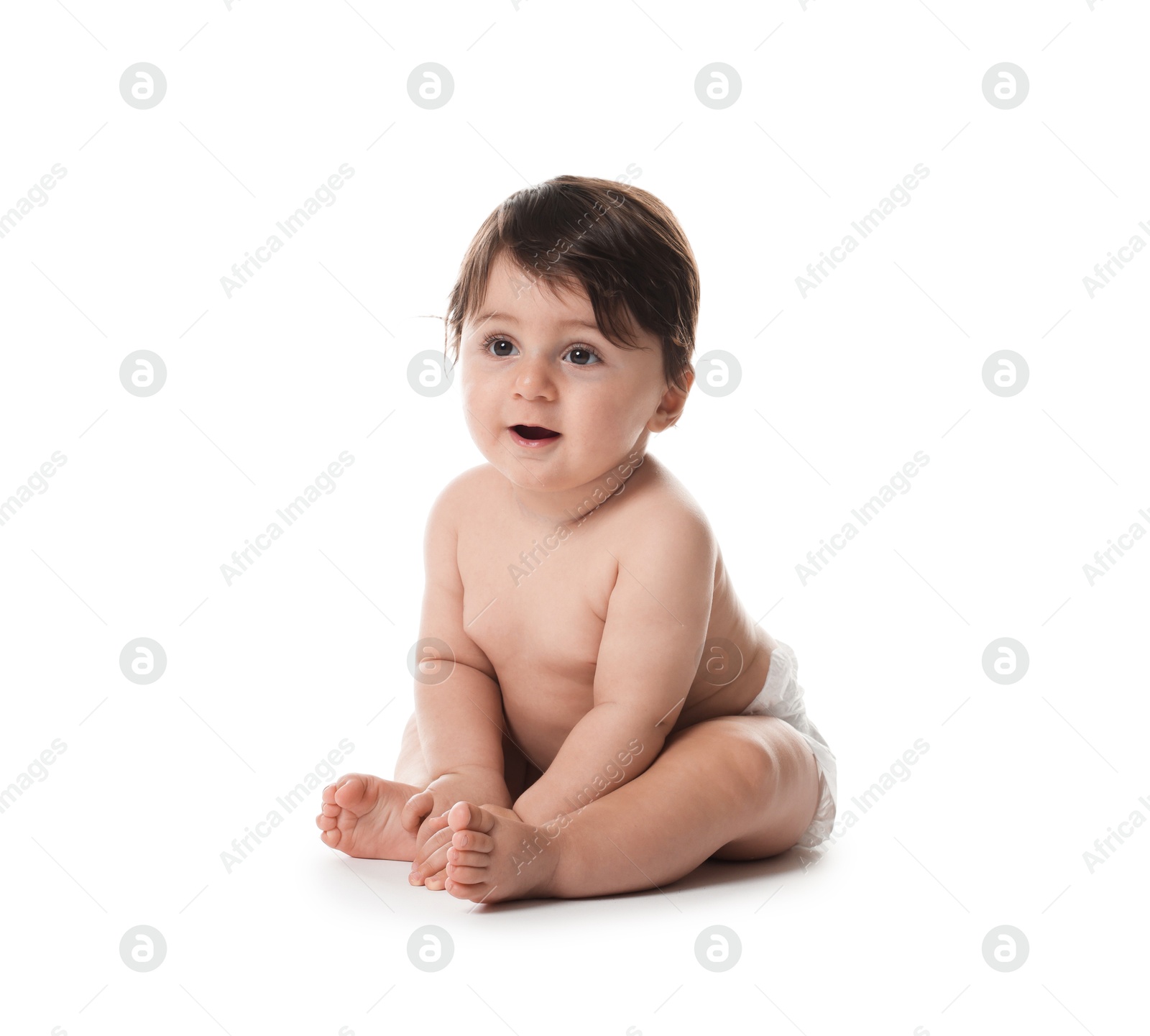 Photo of Cute little baby in diaper on white background