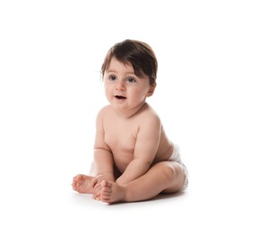 Photo of Cute little baby in diaper on white background