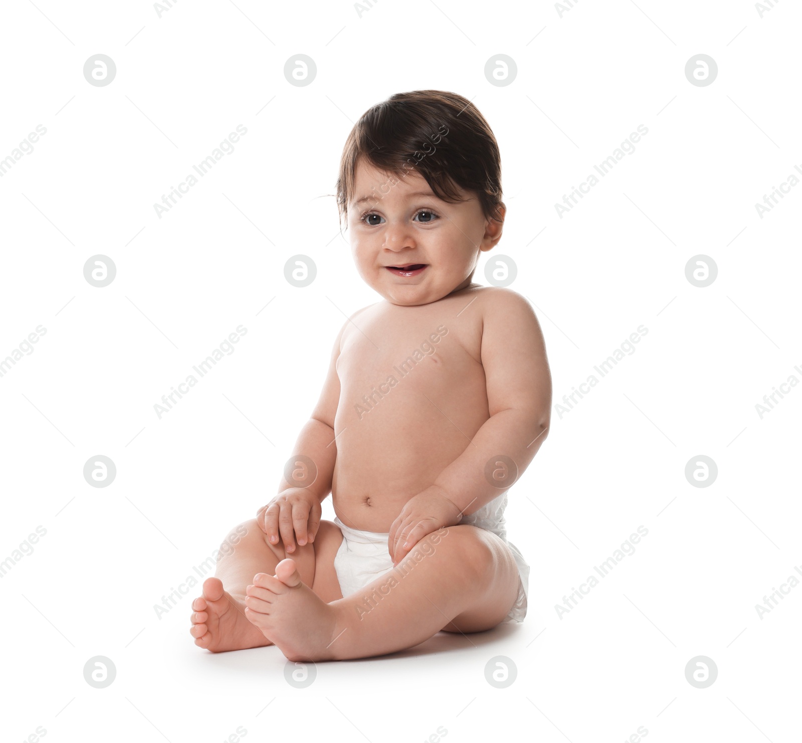 Photo of Cute little baby in diaper on white background
