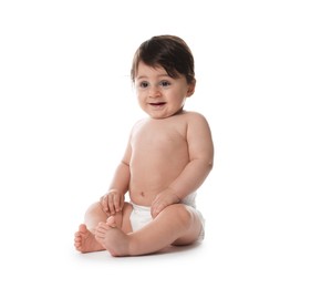 Photo of Cute little baby in diaper on white background