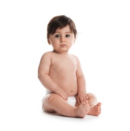 Photo of Cute little baby in diaper on white background