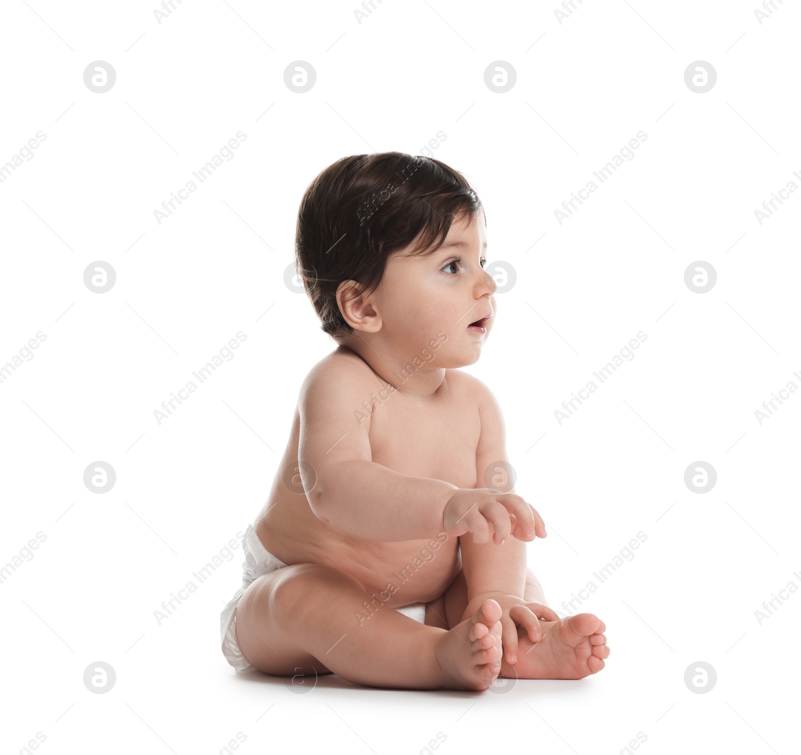 Photo of Cute little baby in diaper on white background