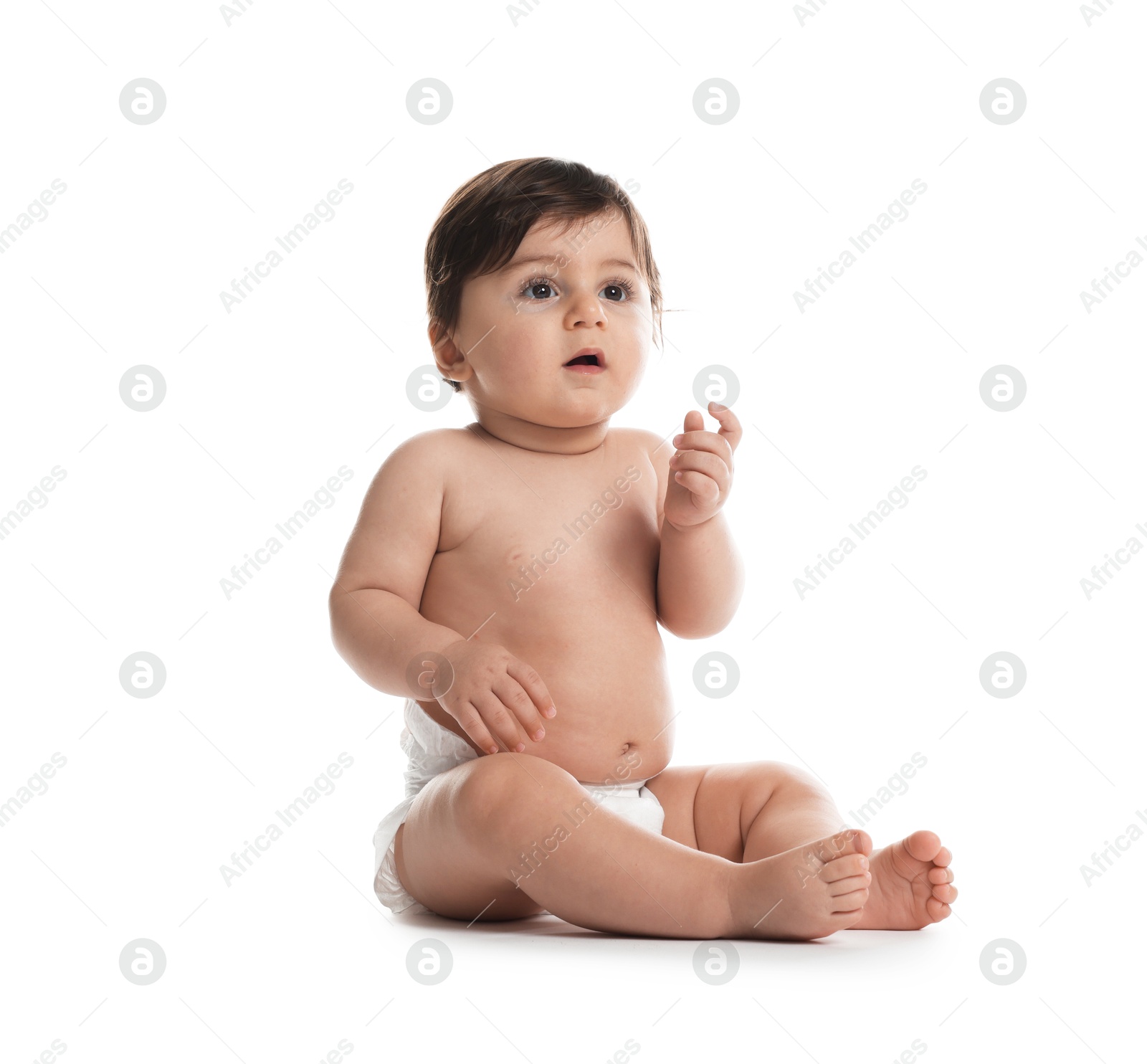 Cute little baby in diaper on white background Photo of Cute little baby in diaper on white background