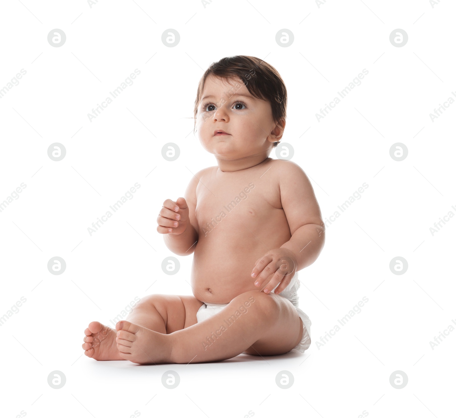 Photo of Cute little baby in diaper on white background