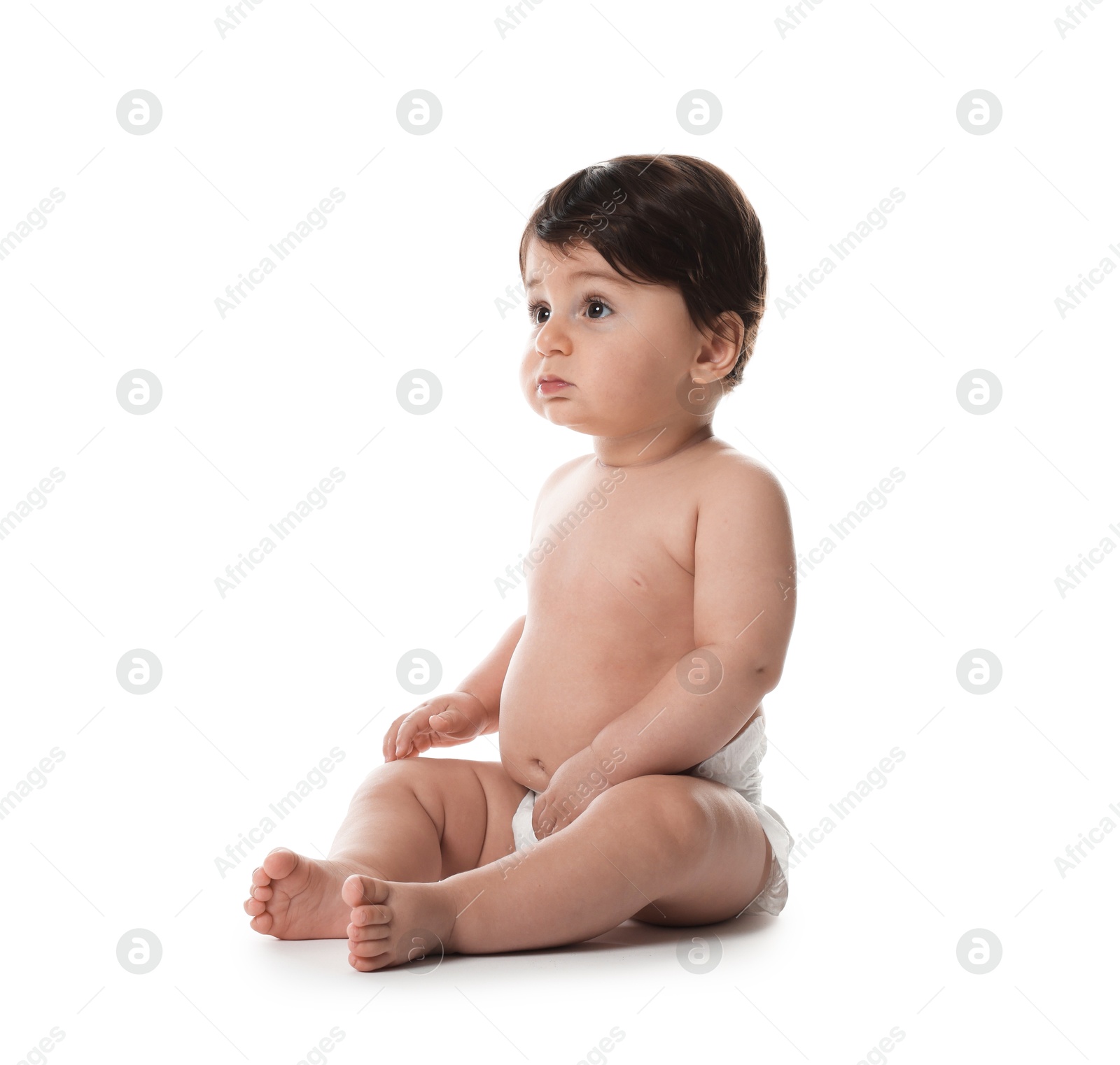 Photo of Cute little baby in diaper on white background