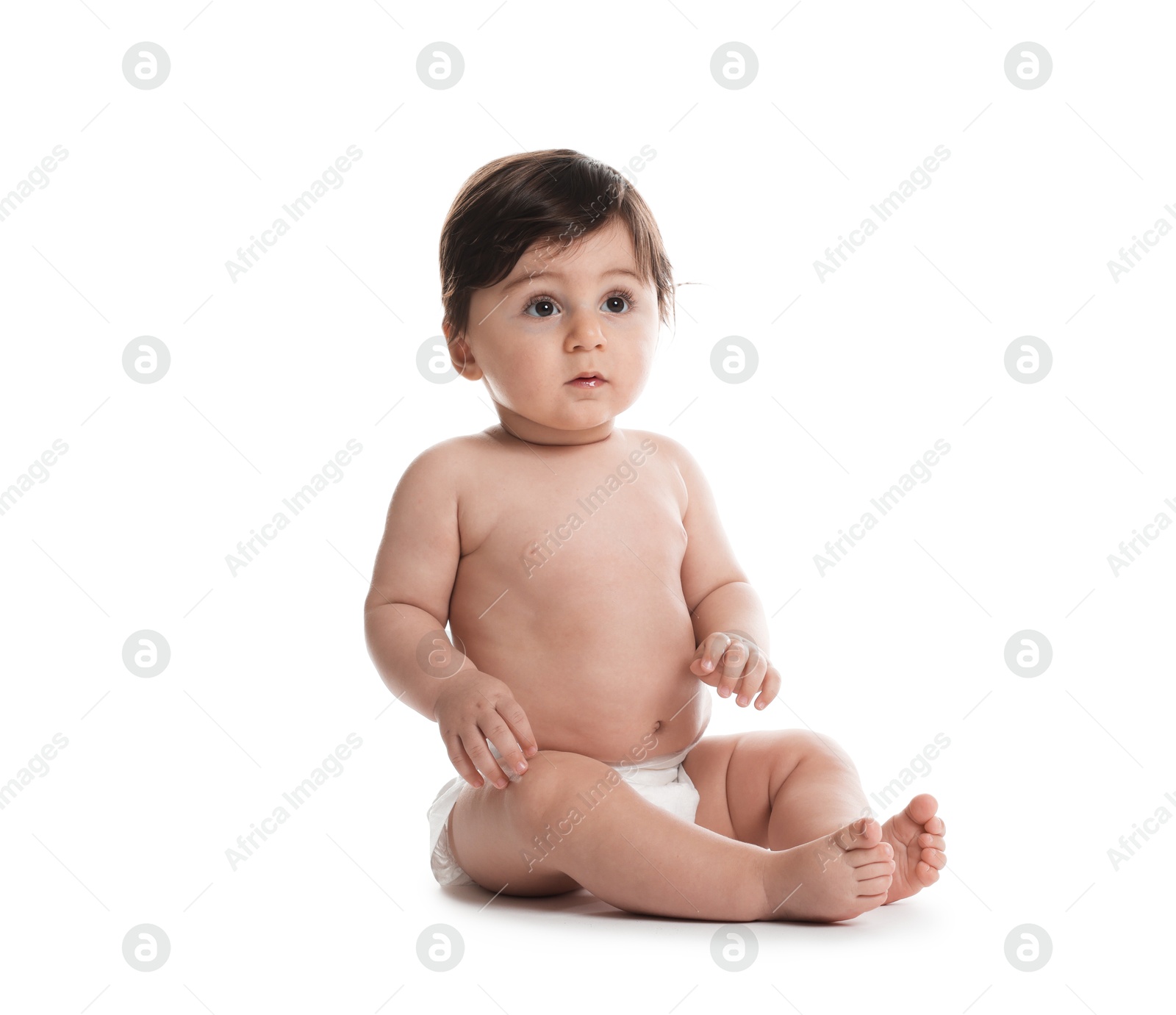 Photo of Cute little baby in diaper on white background