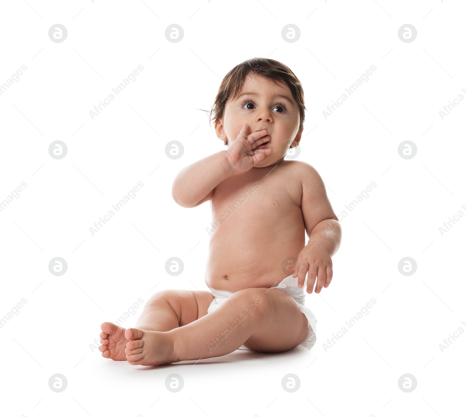 Photo of Cute little baby in diaper on white background