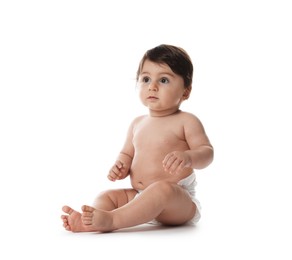 Photo of Cute little baby in diaper on white background
