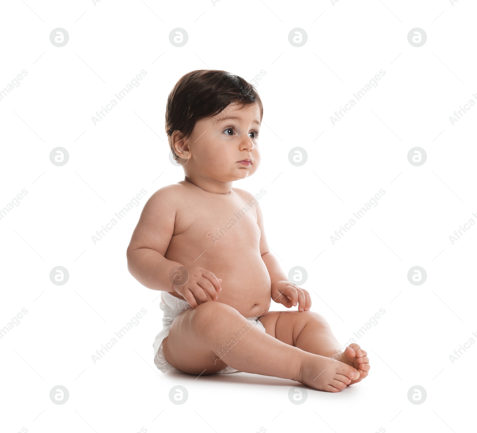 Photo of Cute little baby in diaper on white background