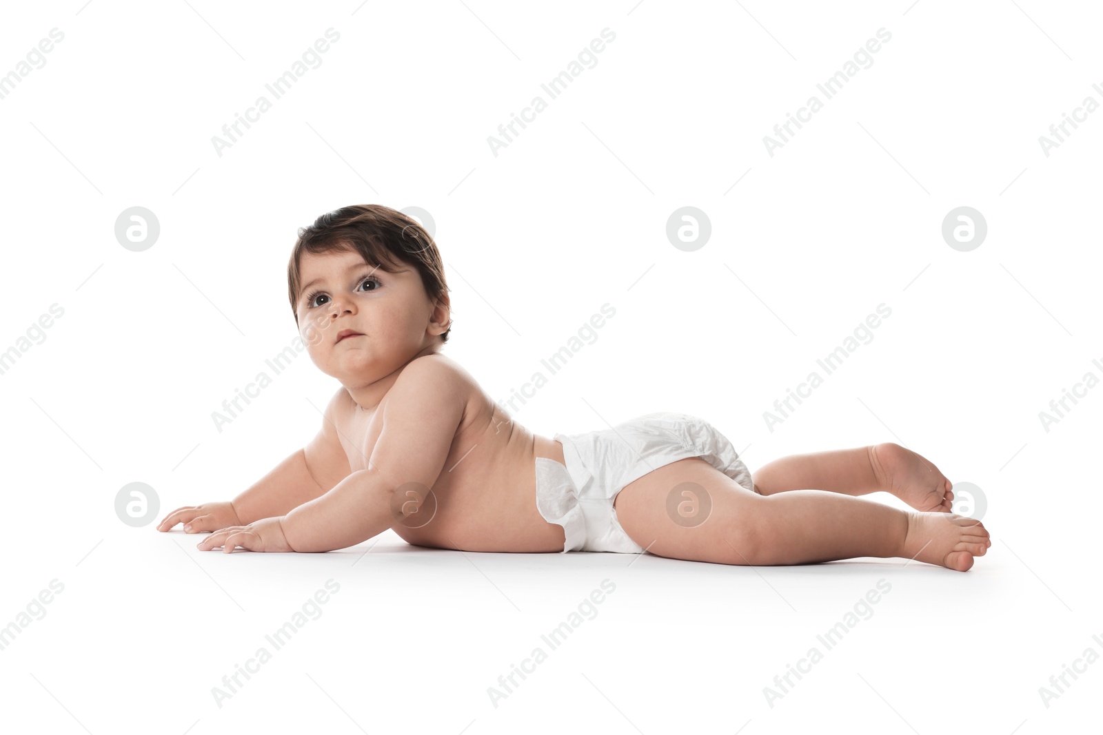 Photo of Cute little baby in diaper on white background