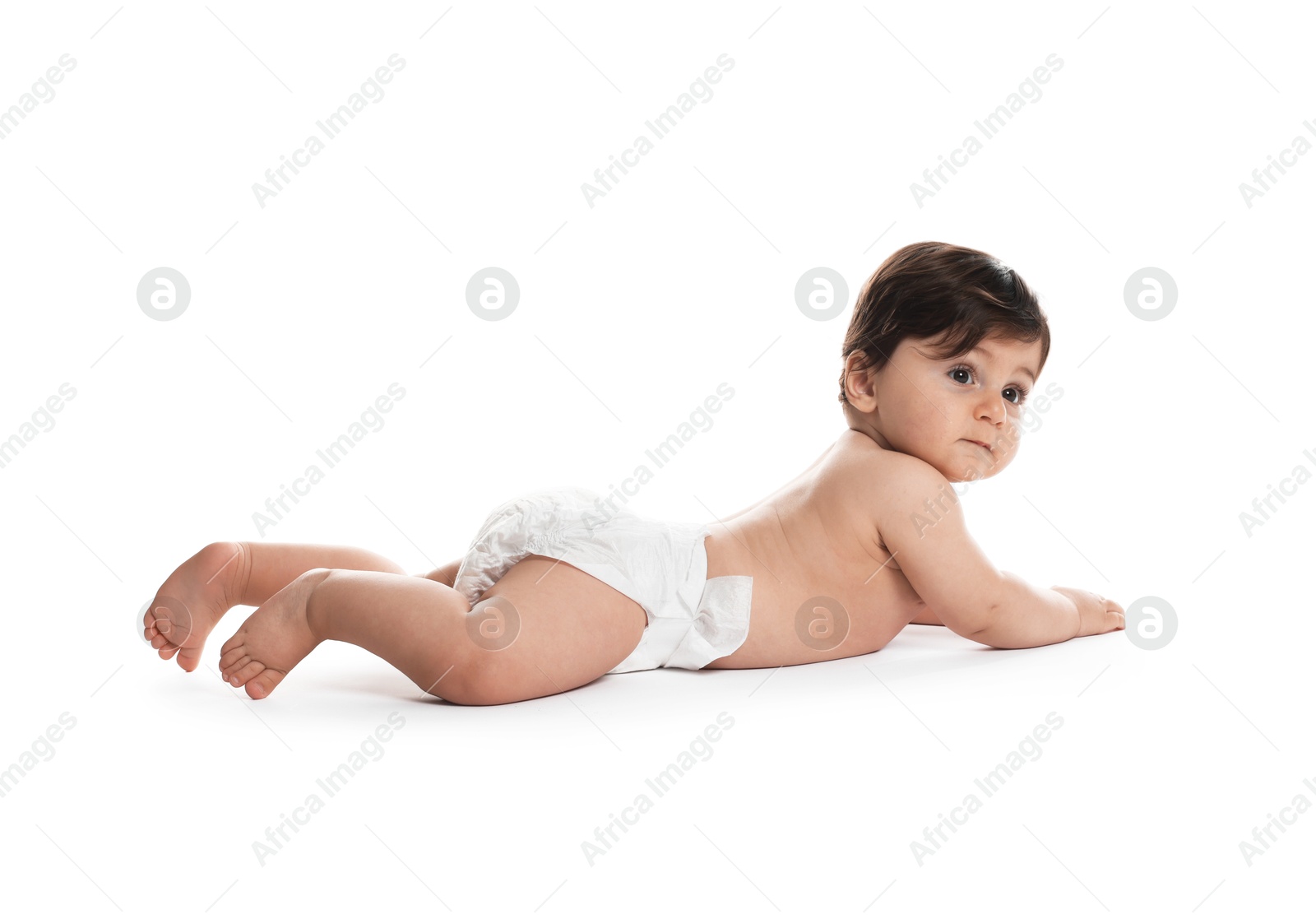 Photo of Cute little baby in diaper on white background
