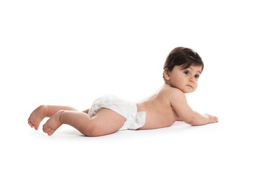 Photo of Cute little baby in diaper on white background