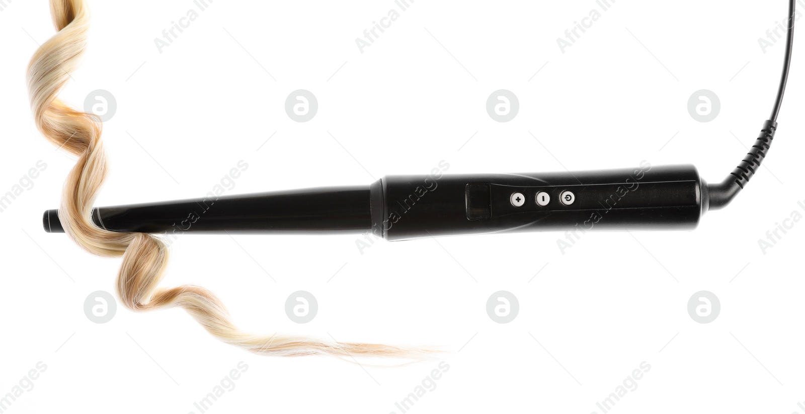 Photo of Curling iron with blonde hair lock isolated on white