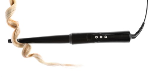 Photo of Curling iron with blonde hair lock isolated on white